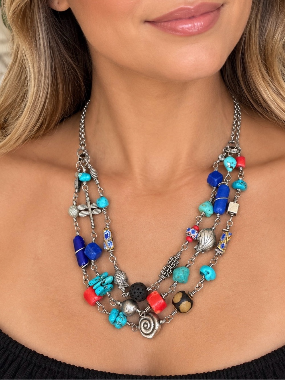 Vintage BOHO Turquoise Art Glass Silver Triple Strand Necklace Statement